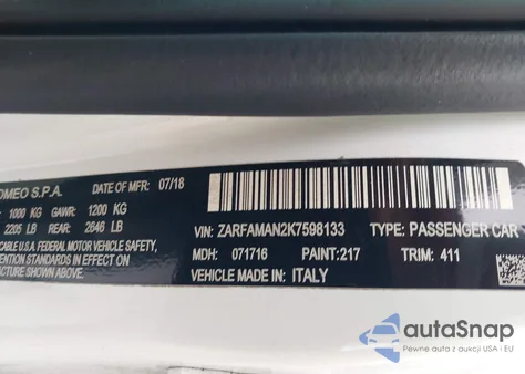 2019 Alfa Romeo Giulia Rwd z USA, uszkodzony, nr VIN ZARFAMAN2K7598133